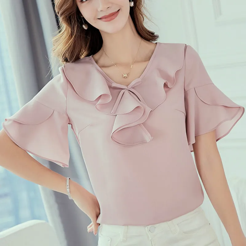 

New Women 2019 Spring Summer Blouse Korean Style Shirt Fashion Casual Chiffon Shirts Short Sleeve Pink Blouses Plus Size Tops