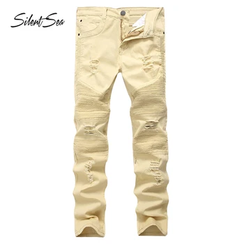 

Silentsea Jeans Men With Holes Denim Skinny Famous Designer Brand Straight Jean Pants Scratched Biker Jeans