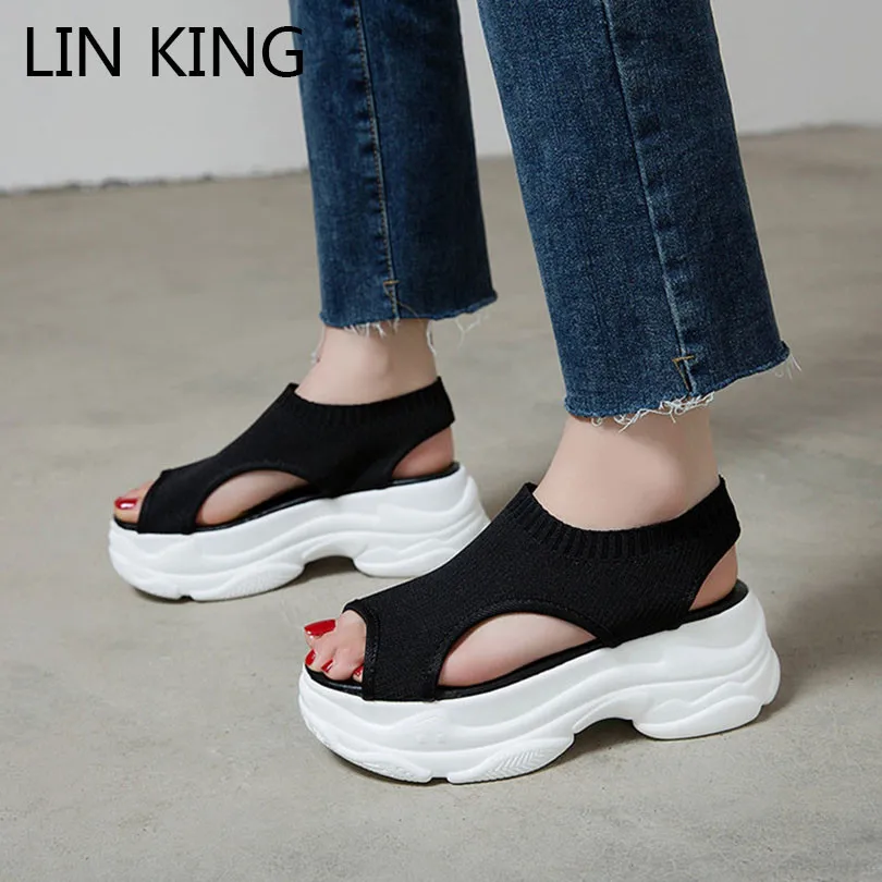 

LIN KING Solid Fashion Platform Sandals Women Summer Wedges Shoes Height Increasing Sandals Slip On Girls Lazy Outdoor Loafers