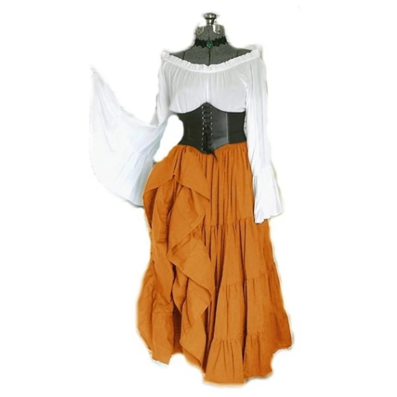 Женское платье с открытыми плечами и длинными рукавами в стиле ретро; одежда для костюмированной вечеринки в стиле ренессанс и средневековья