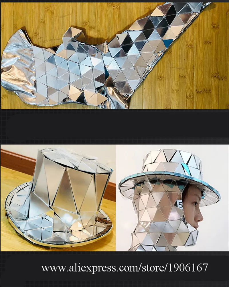 Hand sewing COS nightclub ds performance art set silver mirror face clothes irregular lens stitching dress3