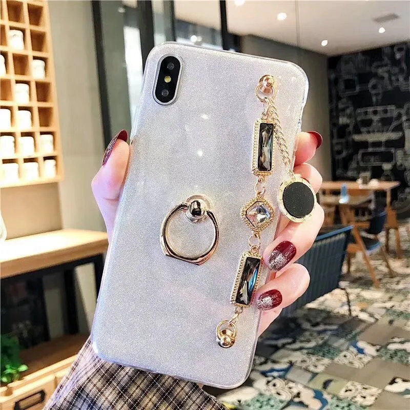 

3D Pearl gem Bracelet Tpu Case for Huawei Honor 8 8X 8C 8S V9 10 Lite Four-leaf clasp ring bracket phone Back cover
