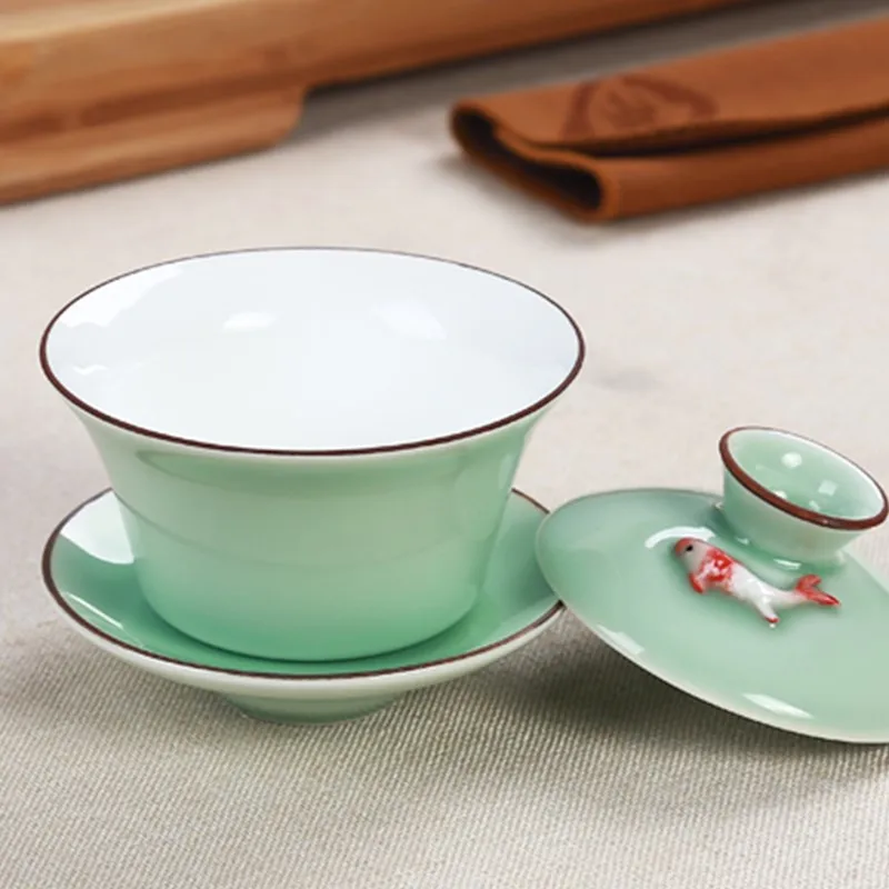Celadon Gaiwan teaset kungfu tea bowl of jingdezhen blue and white porcelain tea glass ceramic white porcelain three of the bowl