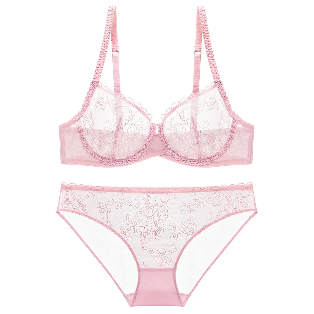 

Summer Unlined Lingerie Set Sexy Lace Embroidery Underwear Transparent Mesh Bra and Panty 3/4 Cup Ultra-thin Intimates for Women