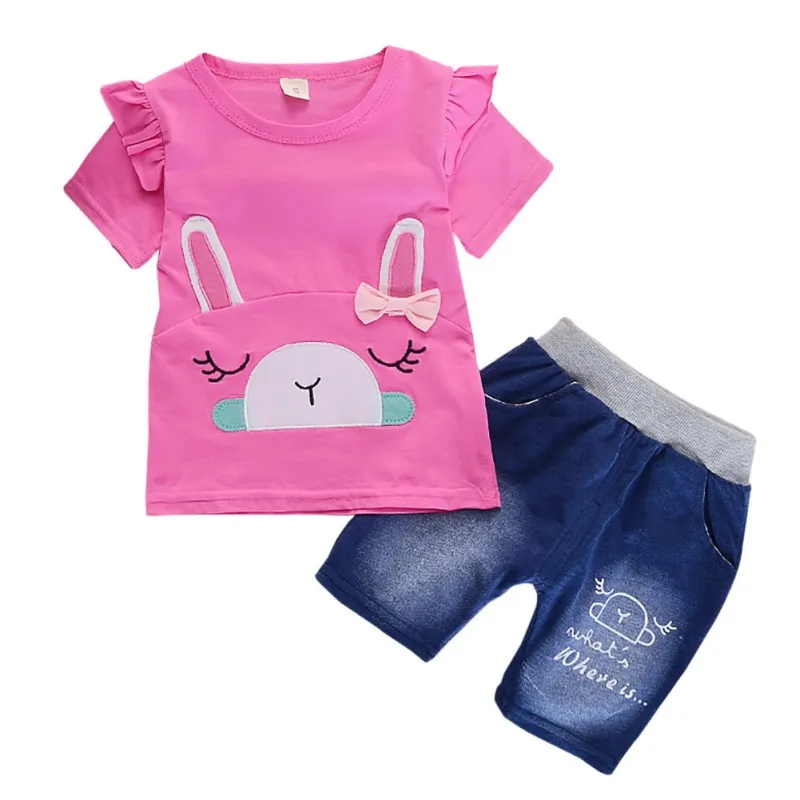 

2019 Summer Baby Girls Clothes Short Sleeve Cartoon Letter Print T-shirt Tops+Denim Shorts Suits Girls Clothing Sets Casual