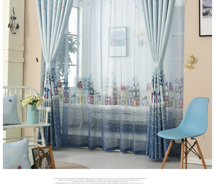 Cartoon Tree Castle Printed Window Curtains for Children Kids Bedroom Living Room Sheer Window Drapes Blue Color