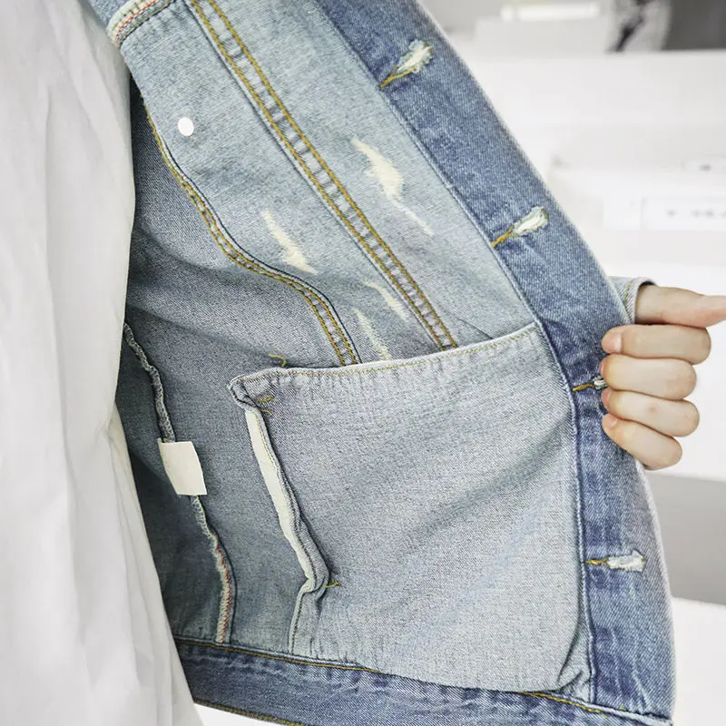 Мужская джинсовая куртка в готическом стиле Chaquetas Para Hombre с дырками панк надписью