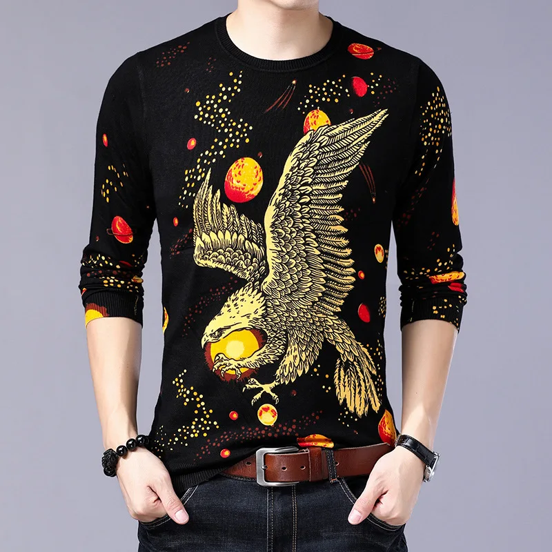 

3D winged eagle exquisite pattern printing fashion pullover sweater Autumn 2018 New quality cotton soft elastic sweater menM-3XL