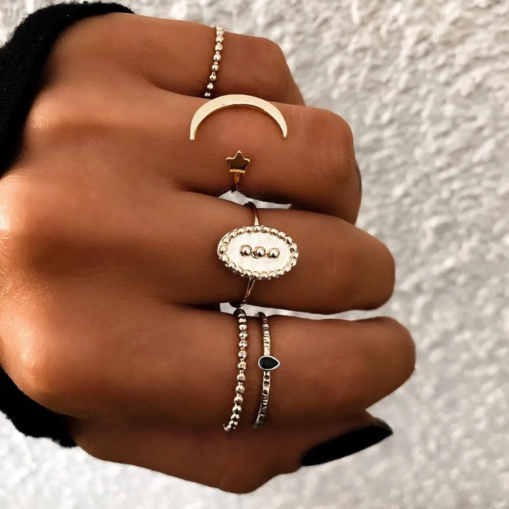 

5pcs/set Fashion Classic Moon Star Shape Open Finger Ring Boho Vintage Silver/Gold Punk Knuckle Midi Rings Bohemian stone Rings