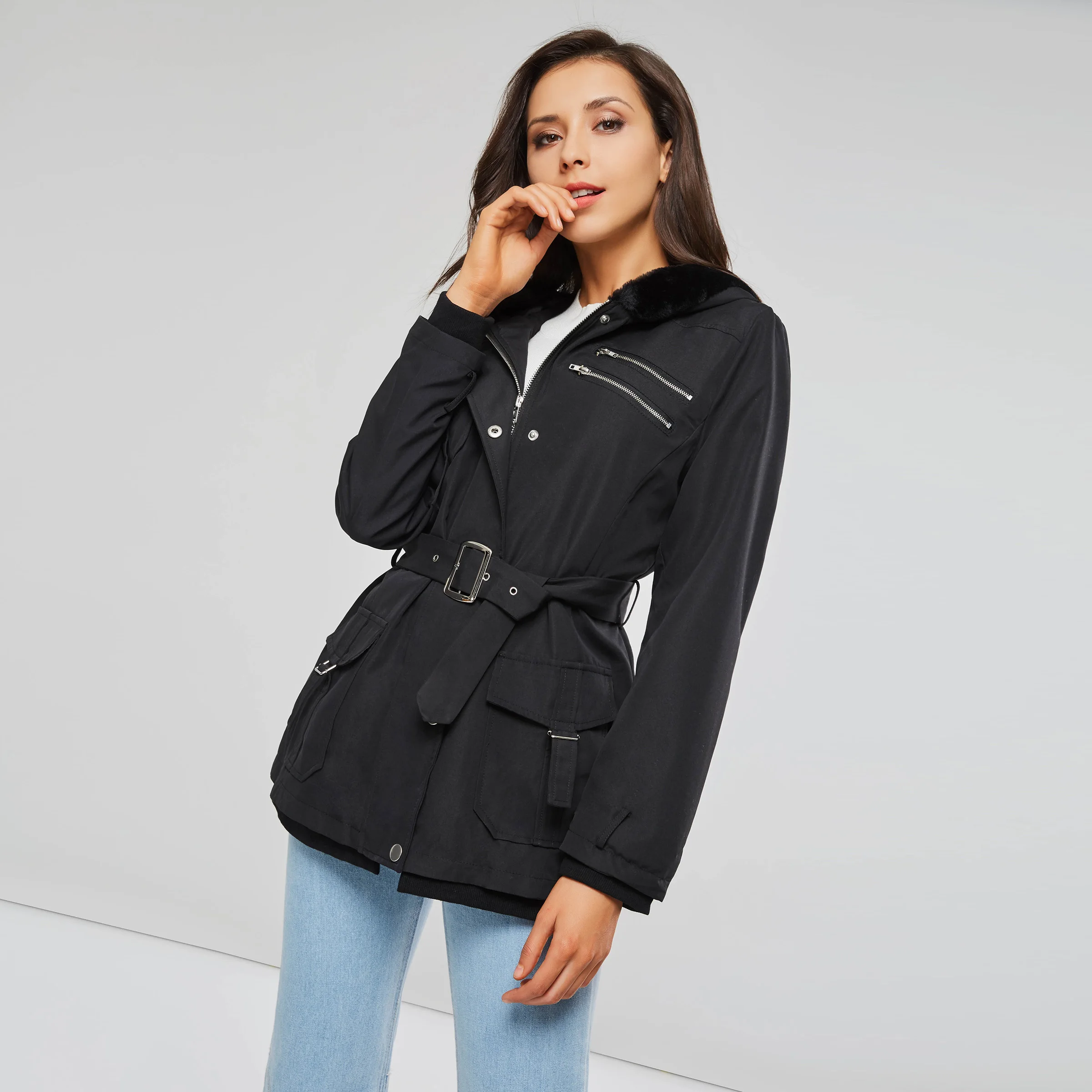 Finest Black Coats Women Casual Hooded Jacket Coat Fashion Simple High Street Slim 2018 Winter Warm Thicke