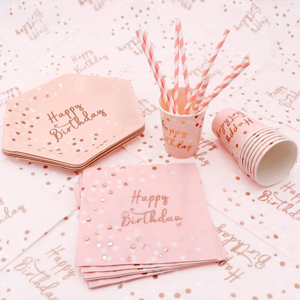 OurWarm Happy Birthday Disposable Party Tableware Pink Paper Cups Plates Napkin s Kids Birthday Party Supplies