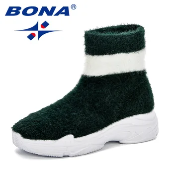 

BONA Women Sock Boots Winter Trendy Fur Boots Bottom Platform Ankle Boots Women Stretch Sneakers Flats White Circle Comfortable