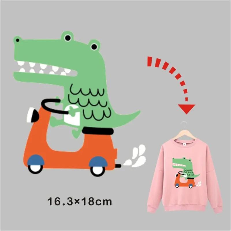 

Crocodile with Scooter Sticker for Kid Boy Girl Clothing Heat Transfer Hot Press Pyrography Paper iron On Washable T-shirt Patch