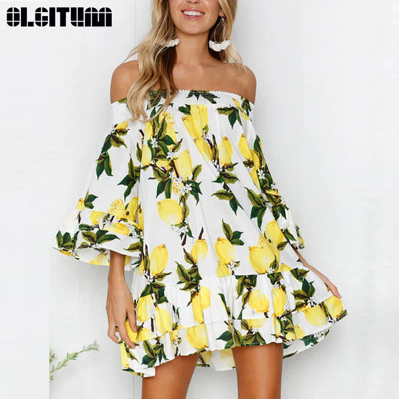 

New 2019 Female Slash Neck Ruffled Off-Shoulder Print Beach Drees A-Line Sleeves Large Swing Dress DR917