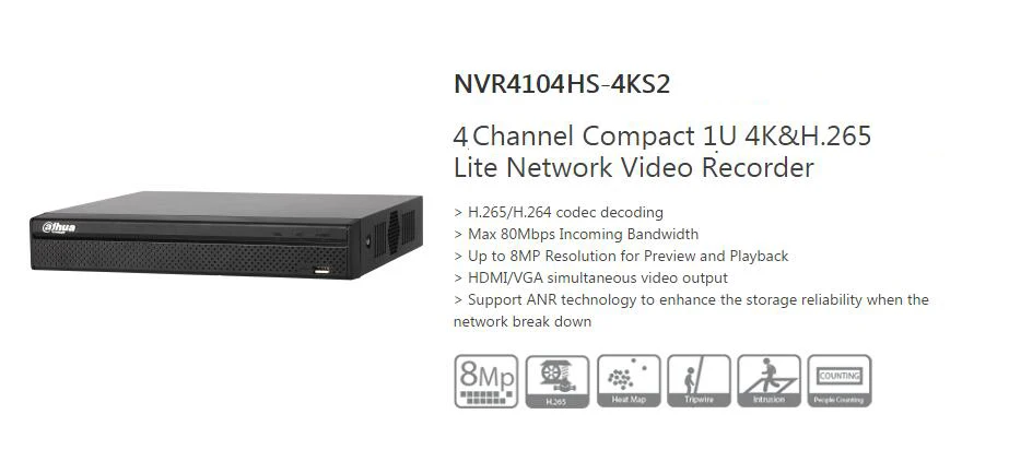 Видеорегистратор Dahua 4 K NVR 4ch NVR4104HS-4KS2 NVR 1080 P HDMI и VGA P2P H.265 разрешение до 8 Мп Максимальная входящая полоса пропускания 80 Мбит/с