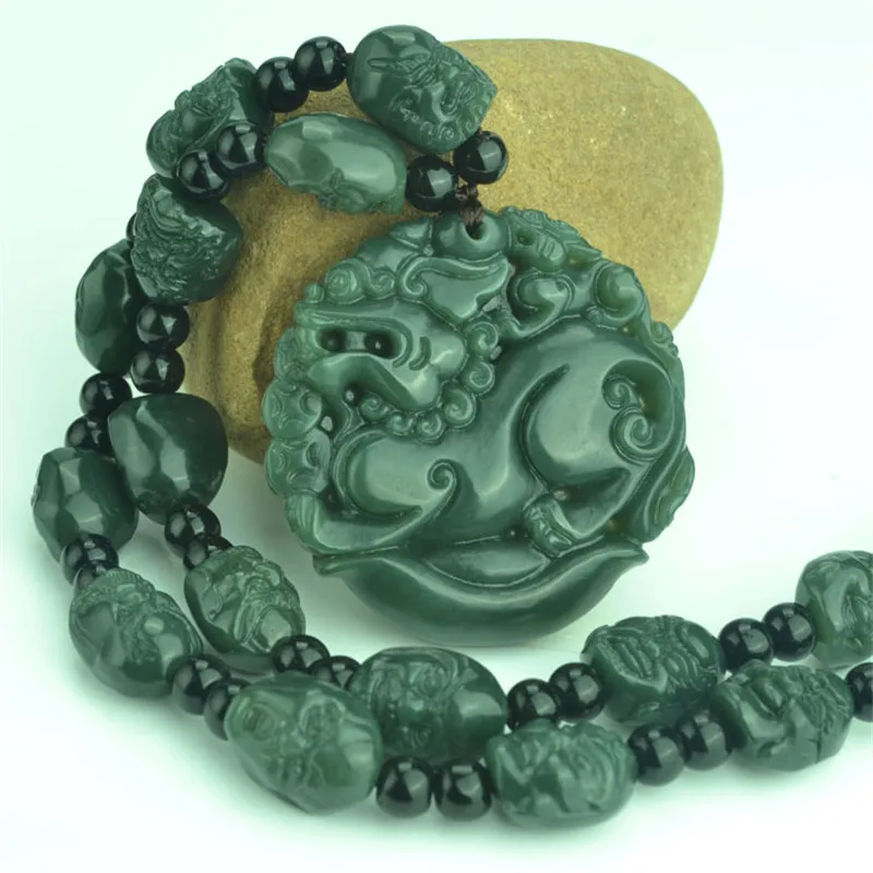 Natural Green Hetian Jades Pendant 3D Carved PIXIU + 18 Arhat Heads ...