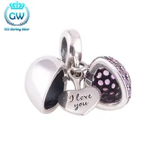 Letter I Love You Silver Heart Charms With Purple Stone Genuine Silver 925 Fit Diy Chain