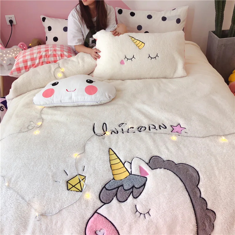 Juego de cama de tamaño de Reina doble conjunto de ropa de cama de unicornio Fleece Warm Kids Fitted sábana Duvet cover parrure de lit juego de cama Juego de cama de tamaño de Reina doble conjunto de ropa de cama de unicornio Fleece Warm Kids Fitted sábana Duvet cover parrure de lit juego de cama