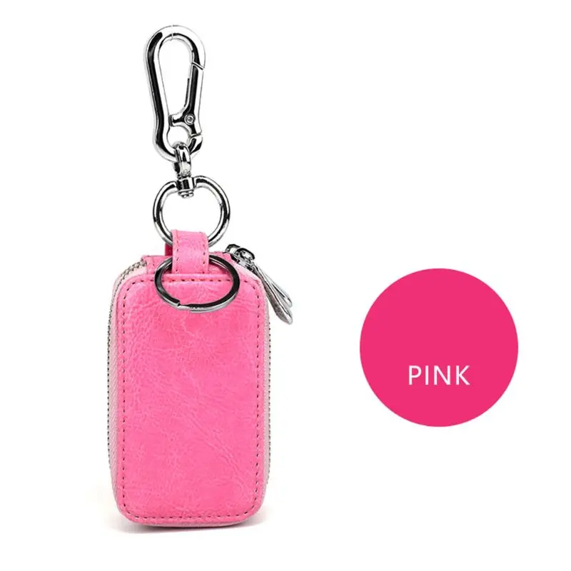 Модный мужской маленький чехол для ключей от машины, натуральная кожа, двойная молния, мини сумка для ключей, держатель на цепочке, чехол, кошелек, 7 цветов - Цвет: Розовый