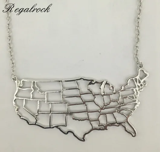 

Hot Fashion Silver 100mm Large Outline USA United States of Contiguous America Choker Map Pendant Necklace