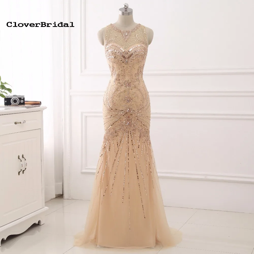

CloverBridal illusion decollete champagne sans manches ornes de perles sirene robe de soiree longue 2017 balayer le train