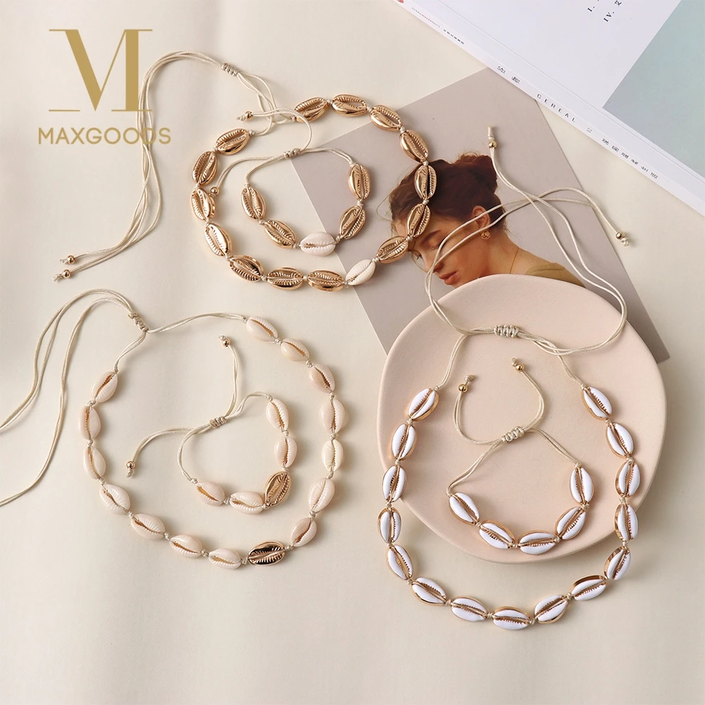 

Fashion Hot Shell Necklace Bracelet Set 3 Different Design Gold Color and Nature Shell Charm Handmade Jewelry Necklace Set