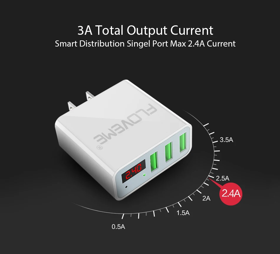 USB зарядное устройство FLOVEME Быстрая быстрая зарядка 3 порта светодиодный дисплей ЕС/США штекер Макс 5 в 2.4A мобильный телефон Смарт зарядное устройство для iPhone ноутбук зарядное устройство