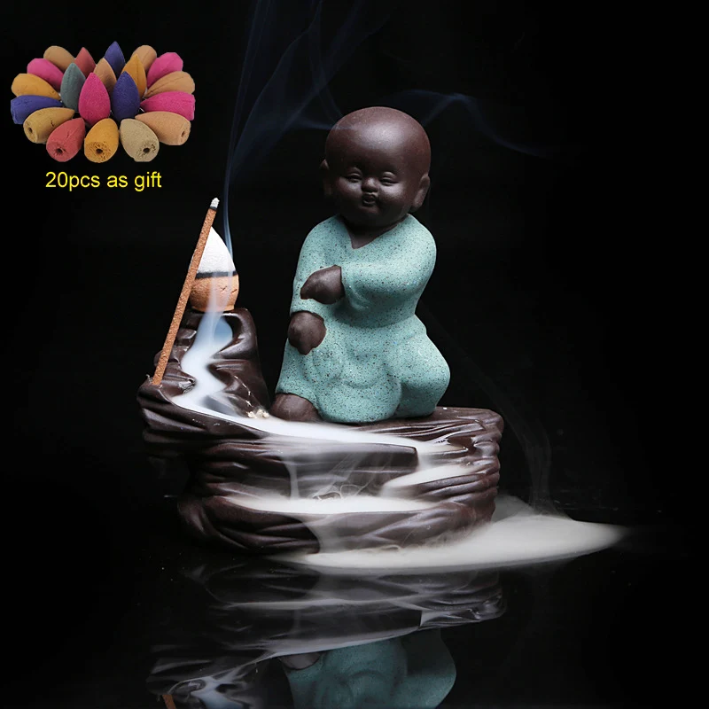 

Little Monk Backflow Incense Burner Buddha with 20Pcs Incense Gift Cones Ceramic Incense Holder Home Decor Aromatherapy