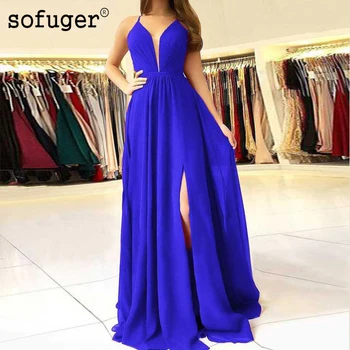 

Long Royal Blue Chiffon V Neck Robe De Soiree Evening Dresses High Slit Plus Size Arabic Muslim Special Occasion Custom Made