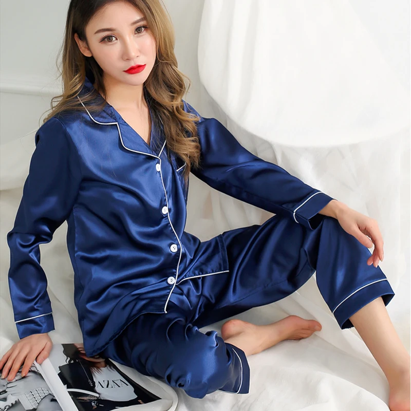 women Comfortable Pyjamas Plus Size 3XL 4XL 5XL Long Sleeve Casual homewear Autumn solid Pajama Sets Silk Satin Sleepwear Suit