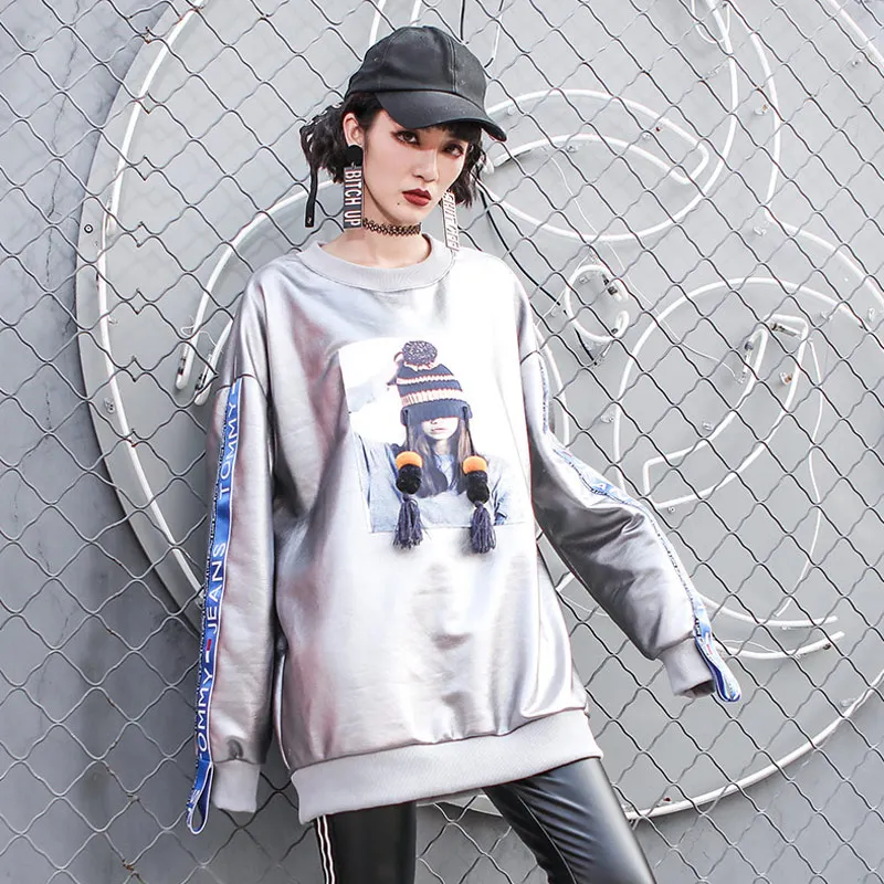 

2019 Spring Hips Hop Style Sliver Sweatshirt Women Thicker Long Sleeve A Girl With Hat Pattern Pullover Letter