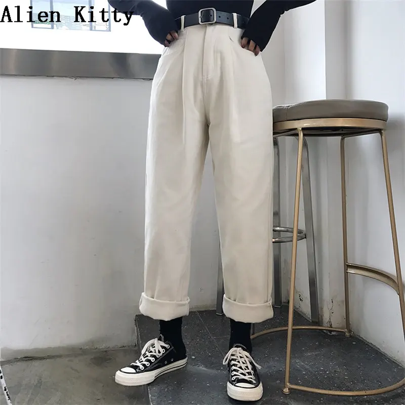 Online Alien Kitty suelta cintura alta pantalones delgados mujeres 2019 primavera otoño moda mujer Simple Casual sólido pantalones chicas todo fósforo fresco