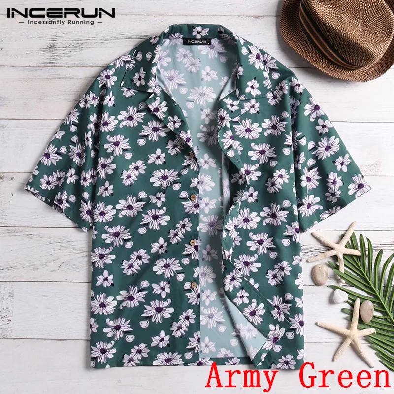 INCERUN, летняя новинка, цветочный принт, Мужская гавайская рубашка, свободная, короткий рукав, отложной воротник, для отпуска, тропические, пляжные Рубашки, Топы - Цвет: Army Green Shirt