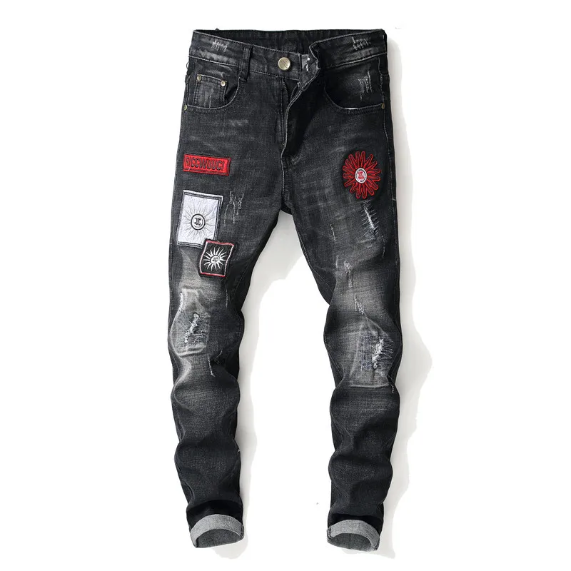 Новые Модные Винтажные заплаты отверстие царапин стройная фигура узкие стрейч джинсы для мужчин серый повседневные джинсы уличной