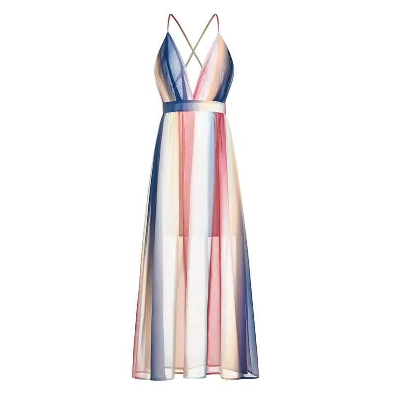 

New Women Fashion Color block Maxi Dress Sexy Cross Strap Backless Summer Boho Travel Beach Deep V High Waist Swing Long Dresses