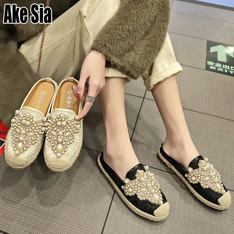 

Ake Sia Fashion Pearly Crystal Lace Casual Women Female Mujer Lazy Slip-On Half Slippers Plimsolls Loafers Mules Flat Shoes A236