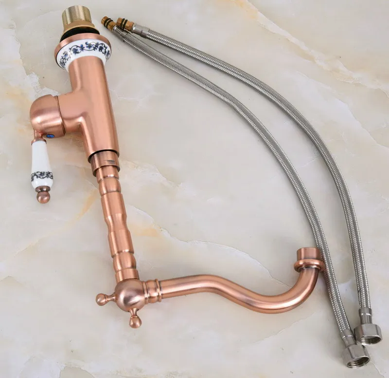 Antique Red Copper Brass Ceramic Base & Handle Bathroom Kitchen Basin Sink Faucet Mixer Tap Swivel Spout Deck Mounted mnf625