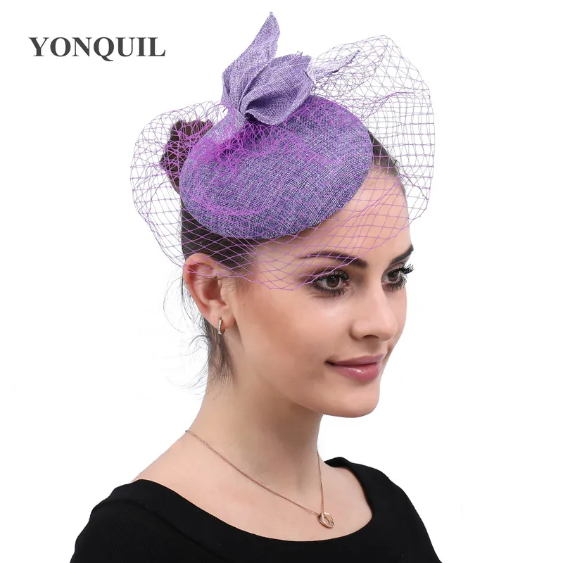 

Lavender imitation Sinamay fascinators hat with veiling for Kentucky Derby wedding party races Event NEW ARRIVAL 16 color select