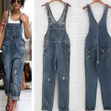 Комбинезоны для женщин джинсы комбинезоны джинсы повседневные свободная Полная длина Комбинезоны с дырками базовые джинсовые брюки широкие ноги комбинезоны FemaleL