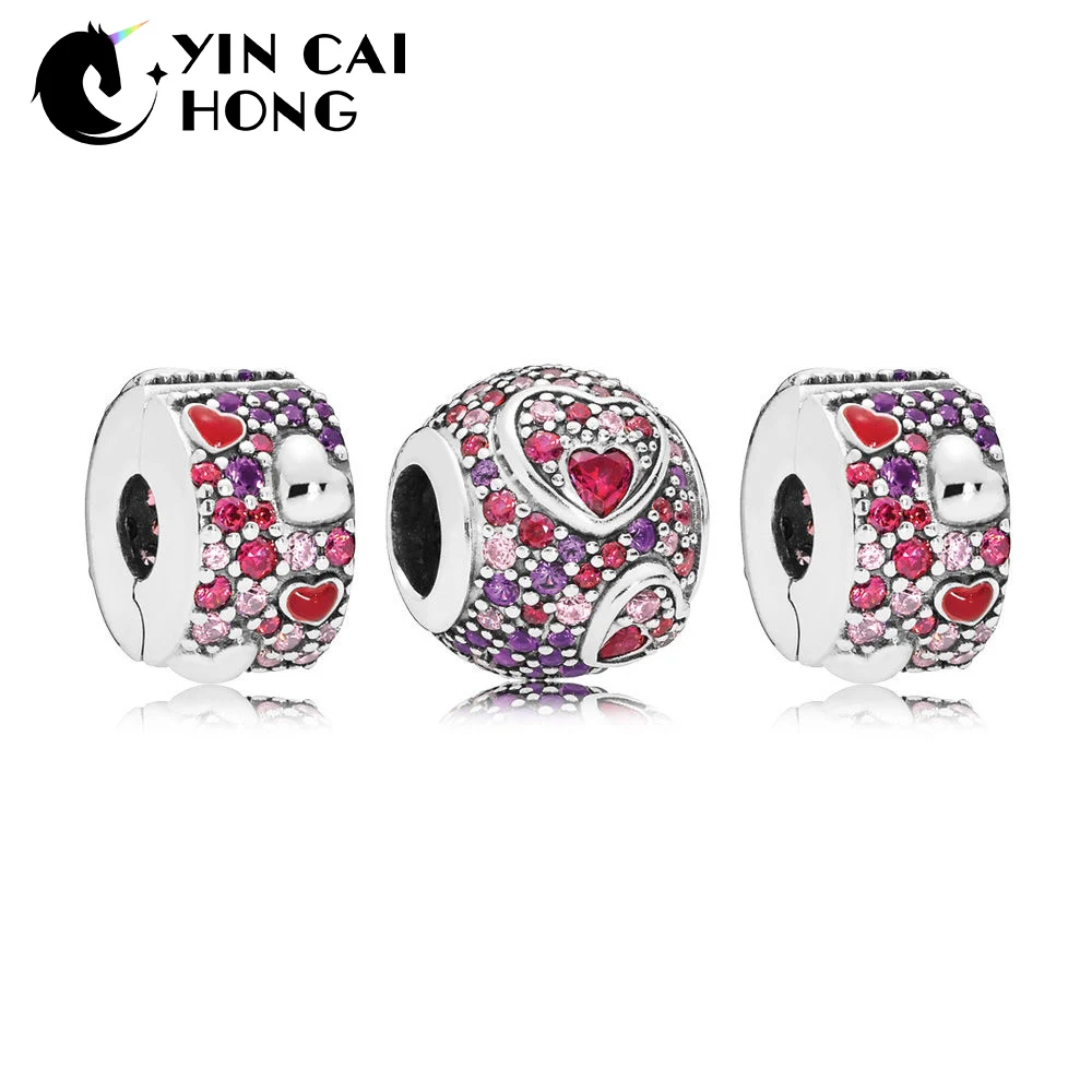 

YCH 100% 925 Sterling Silver 1:1 Asymmetric Hearts of Love Clip Beaded Charm Pack Set Fit DIY Bracelet Valentine's Day Gift