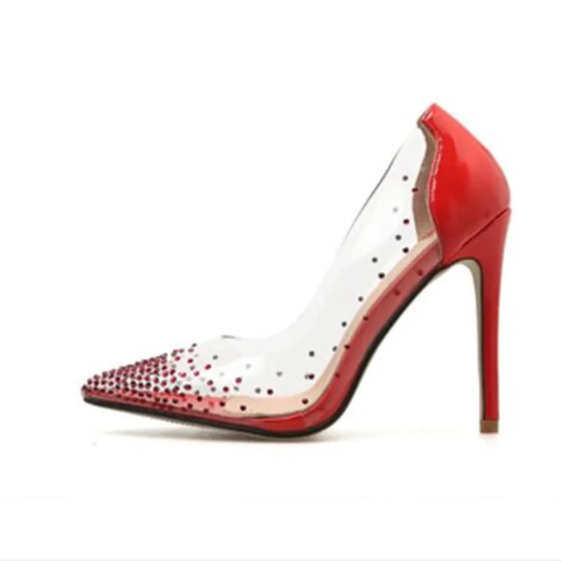 New autumn women shoes Pointed Toe Rivet shoes Sexy Gladiator nightclub pumps Plus Size 35-40 Transparent diamondl shoes
