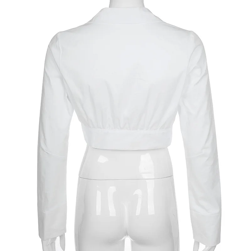 Cryptographic Cotton Sexy V-Neck White Womens Tops and Blouses Long Sleeve Shirts Cropped Tops Slim Casual Autumn Clothes New