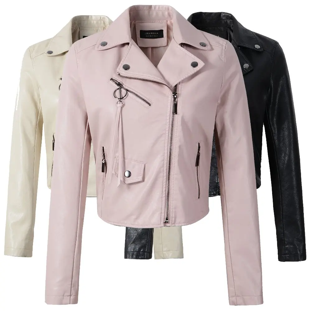 

New 2019 Women's Winter Autumn New Clothing Brand Fashion Slim Pink Beige Black Long-sleeved Faux Leather Jackets Women jacket