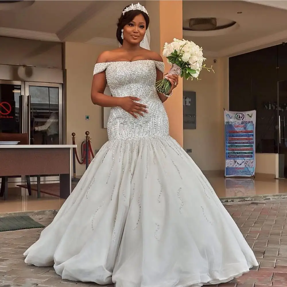 

Luxury Beaded African Mermaid Wedding Dresses 2020 Floor Length Off the Shoulder Plus Size Bridal Gowns