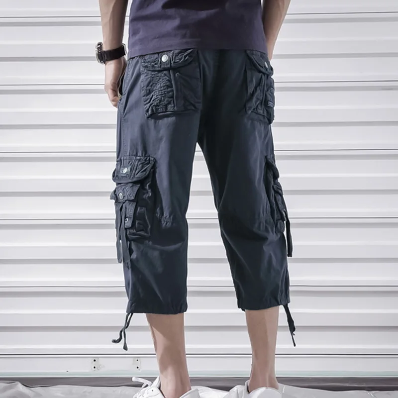Лето осень мужские брюки карго 3/4 длина повседневные Тренировочные Короткие брюки карго уличные однотонные штаны с несколькими карманами Прямая поставка