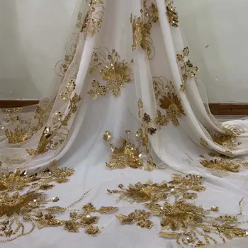 

Elegant gold French tulle lace cloth with sequins nice net lace fabric for sewing dress HNZ260(5yards/lot)