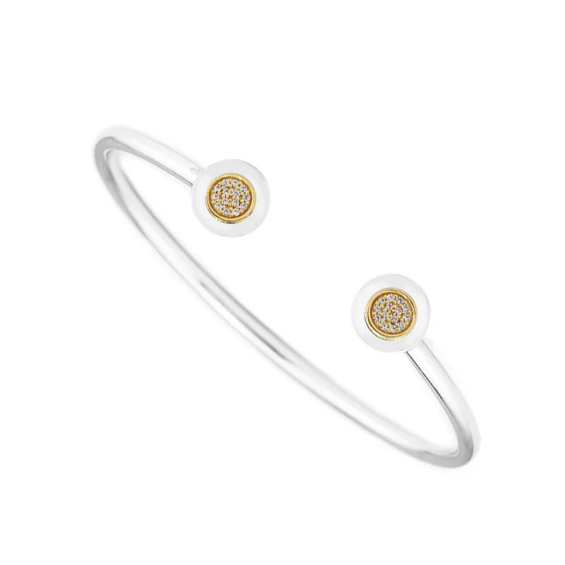 100% 925 Sterling Silver 14K Real Gold Signature Open Bangle Clear CZ Two Tone Bangles Bracelets for women fine Jewelry FLB049K цена 100% 925 Sterling Silver 14K Real Gold Signature Open Bangle Clear CZ Two Tone Bangles Bracelets for women fine Jewelry FLB049K цены онлайн