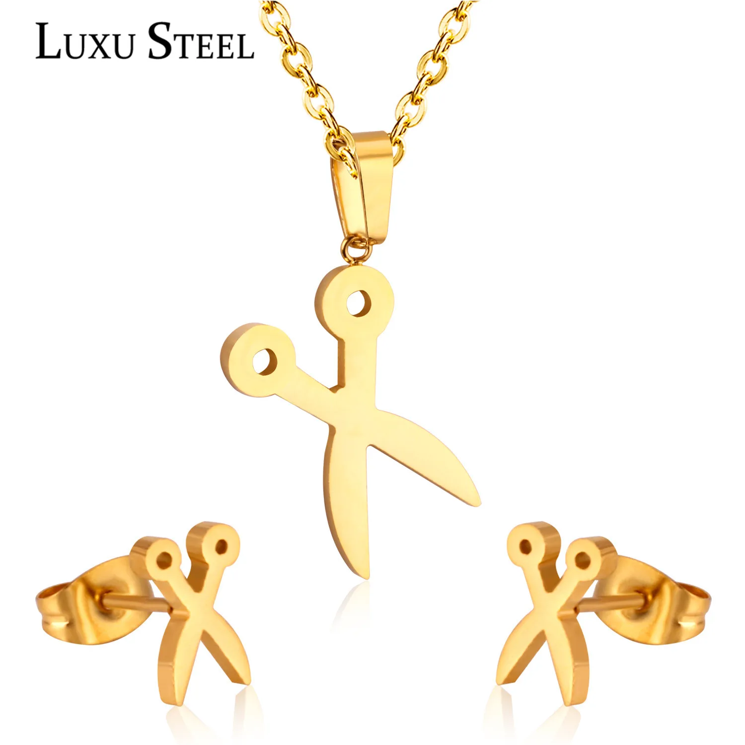 LUXUSTEEL New Arrival Stainless Steel Scissors Pendant Necklace For Women Fashion Jewelry Sets Bijoux Earrings |