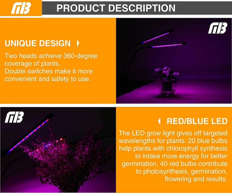 Светодиодный светильник с двойной головкой полного спектра 85-265 в 360 градусов Гибкая основа ЕС США вилка для комнатные растения, цветы лампы