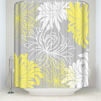 

Waterproof Floral Shower Curtain with Hooks Polyester Fabric Daisy Pattern Bathroom Curtains for Home Decor White Gray Yellow
